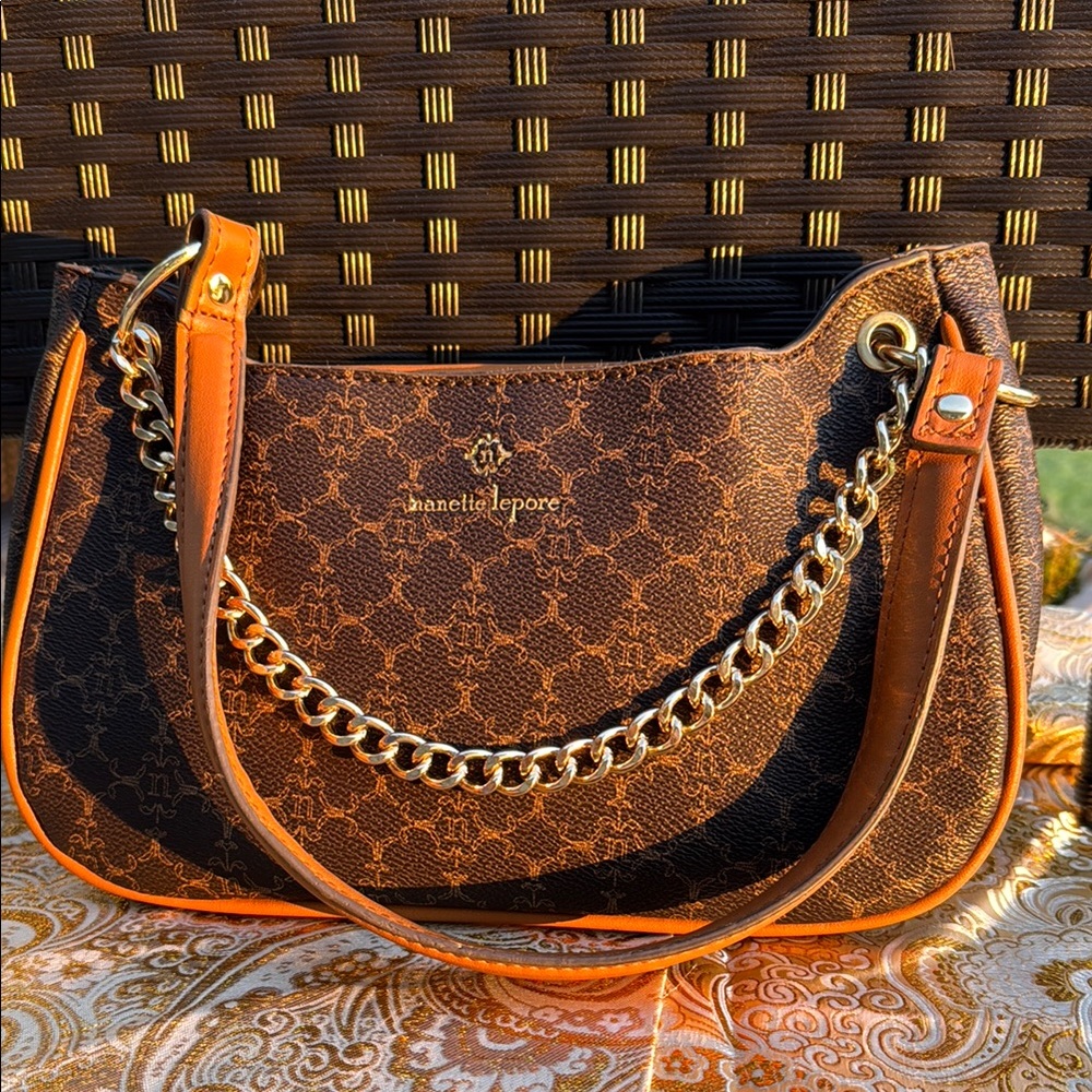 Nanette Lepore Brown and Orange Shoulder Bag with Geometric Patterns